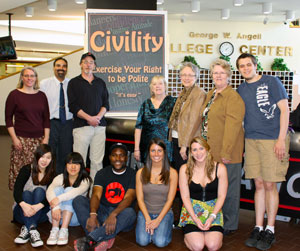 Photo of of communications class posing with members of the Civility Committee.