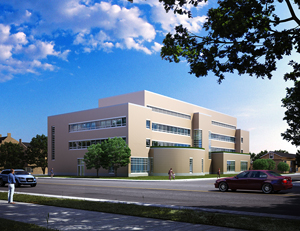 Architectural rendering of new Business and Computer Science Building (back view)
