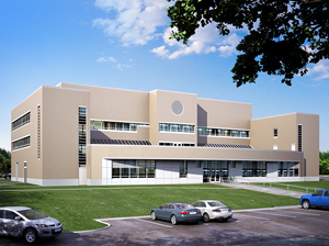 Architectural rendering of new Business and Computer Science Building (front view)