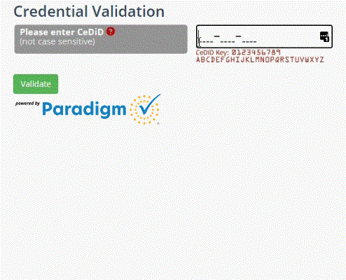 Example of entering a CeDiD and viewing the credential holder, conferral date and credential in the validation results.