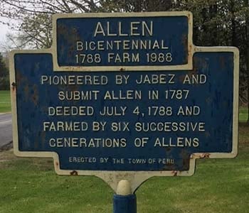 Historic marker for Allen Farm Homestead