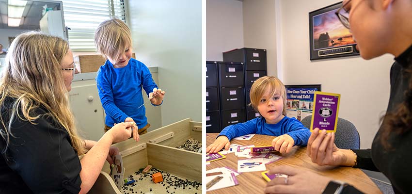 Student clinician and clinical educator engage preschool client with various activities