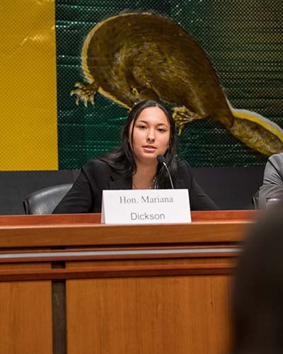 Student sitting on a panel during her internship at the NYS Assembly