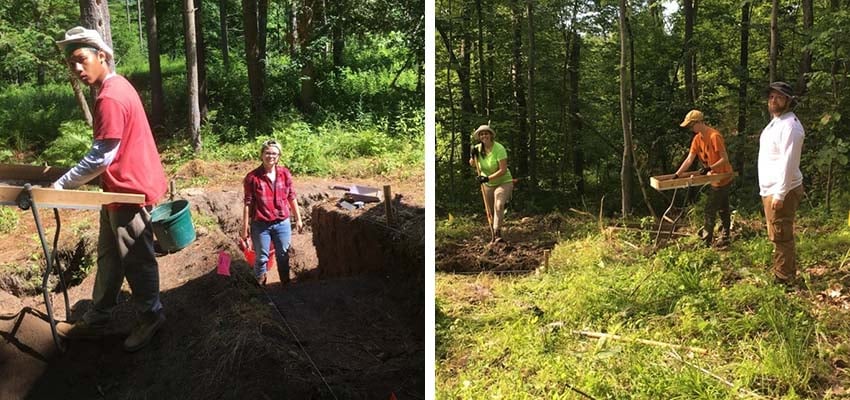 Archaeological students in the field with various shovels and tools 