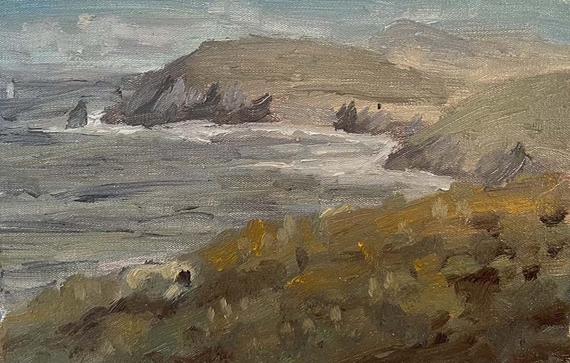 An oceanview landscape, cliffside. Rich in grays and browns and mustards