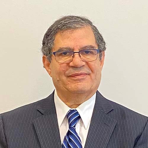 Man with salt-and-pepper wavy hair and a gray suit with blue striped tie smiles for the camera