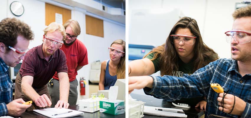 Collage of students and teachers with various scientific equipment wearing safety glasses