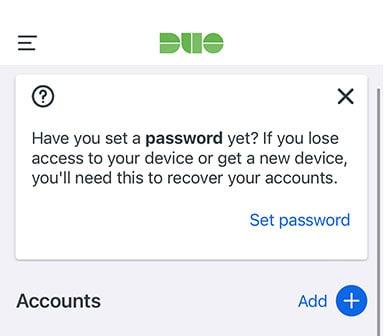 Step 5-1 - Open Duo Mobile Application and scroll down to 'Accounts' and then select 'Add' Screenshot