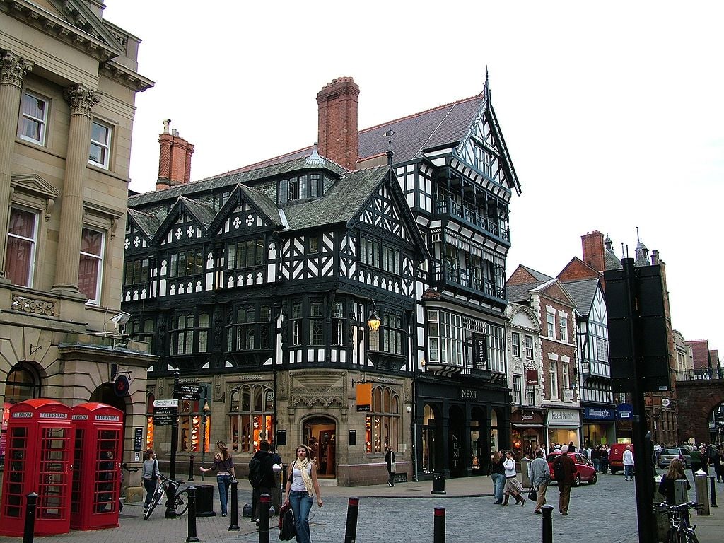 View of old-fashioned and half-timbered shops in Chester