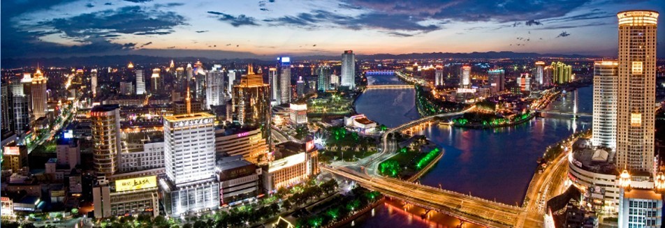 Evening view of a city in China on a river