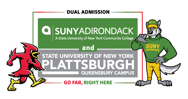 SUNY Adirondack's "Eddy" and SUNY Plattsburgh's "Burghy" standing on either side of a dual admission horizontal logo. 
