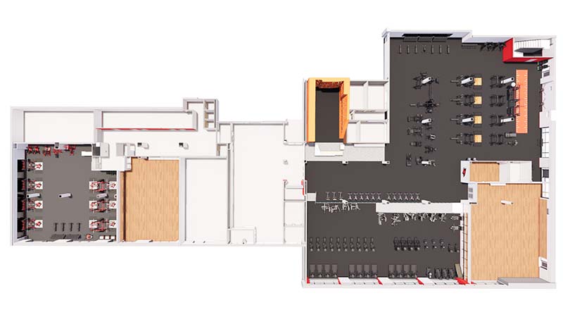 2D rendering of the new fitness center from above showing layout