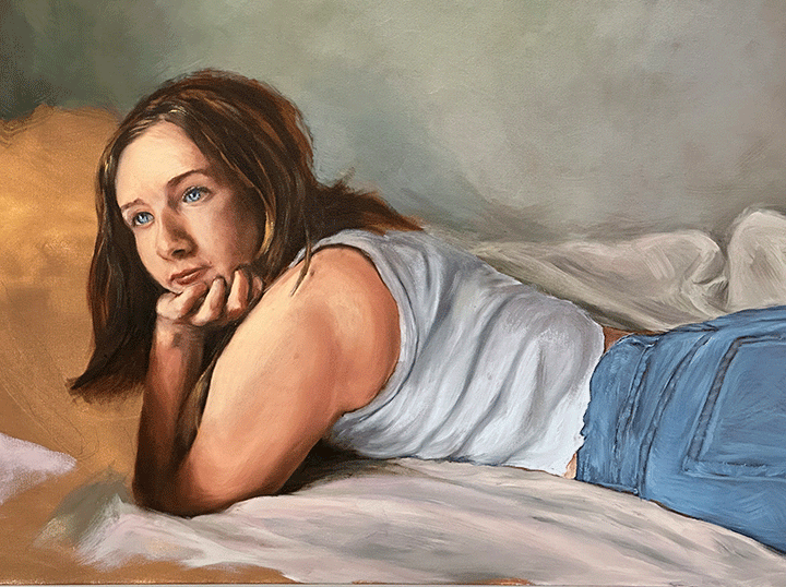 "Audrey", oil on canvas, girl wearing denim jeans and a tank top lounges on her stomach, propped up on bended arm.