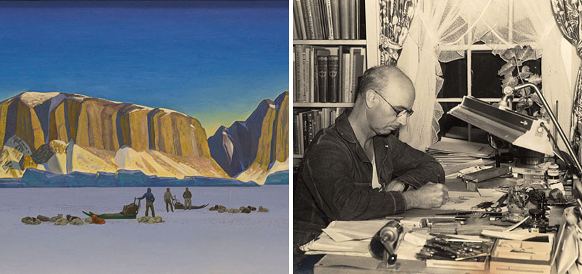 Image of a Rockwell Kent painting of the artic and Rockwell Kent at work in his studio