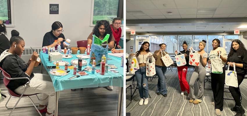 TRIO SSS students partaking in various workshops, including painting pots for flowers and making canvas tote bags.