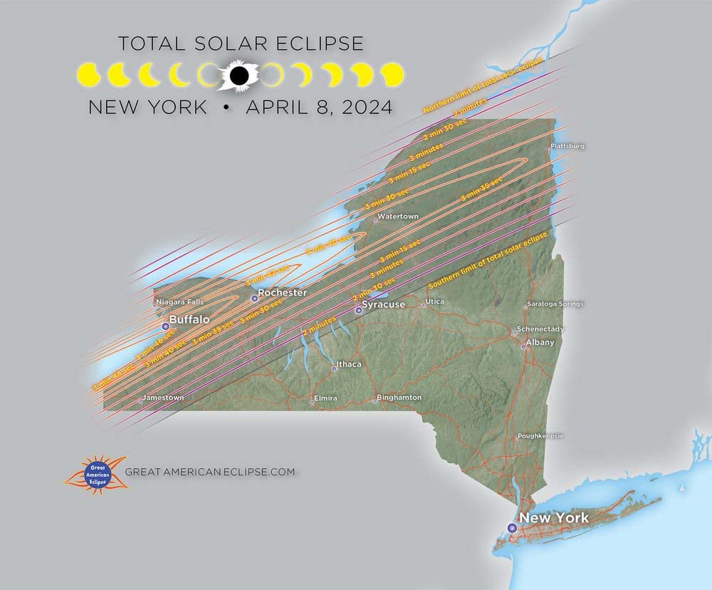 Map of the state of New York and the path of the solar eclipse with times of totality