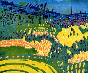 Woodblock print alluding to evacuation from a crisis. This work explores emergency preparedness