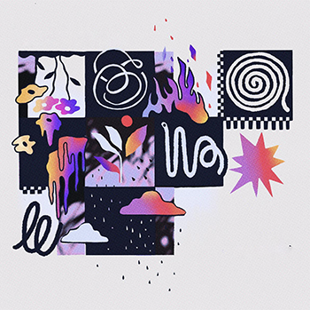 Illustration in mostly black and white with peaches and purple clouds, rain, starbursts and melting flowers