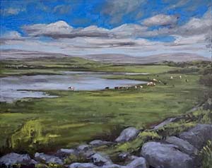 Dappled landscape painting; cows dot lush green countryside next to a body of water