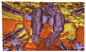 Screenprint "The Golem Smashes All Walls" Nightmarish industrial creations are set against images of grand mechanical constructions, an off-kilter vision of technology. 
