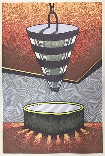 Print titled "Pendulum" showing a cone-shaped weight dangling from a chain.