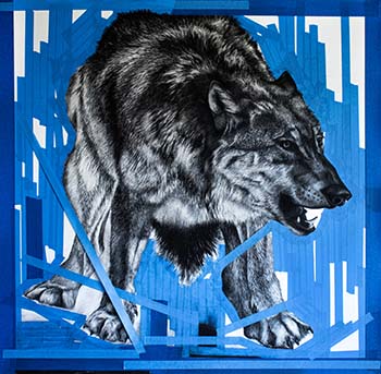 Piece titled "Fear Looks Like This" shows a gray wolf in an aggressive stance with what appears to be blue painters tape outlining