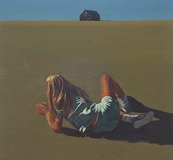 Painting in earth tones. Girl in the forefront laying on the ground, what appears to be wheat or dark brown grass. A barn or stick house off in the far distance.