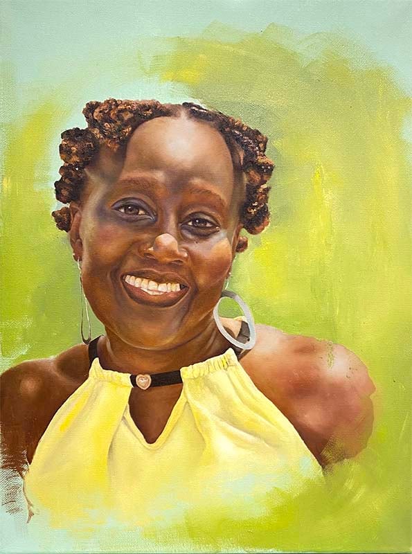 Painted portrait of an Antiguan woman wearing a yellow dress. The colors represent parts of the Antiguan flag.