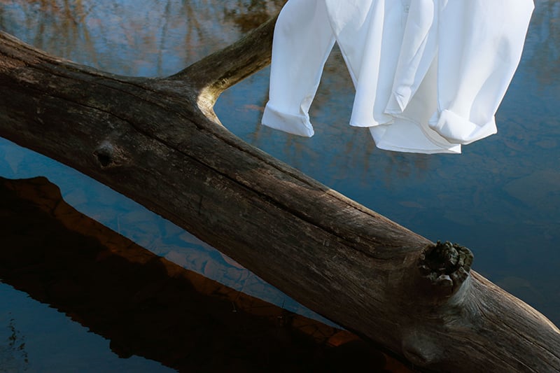 Photo of a branch in water with a white blouse hanging on it.