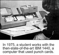 Photo of a student working on 1975 IBM 1440, a computer that used punch cards.