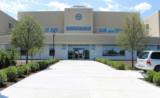 Photo of the main entrance to the new Business and Computer Science building