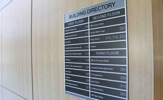 Photo of the office directory in the new Business and Computer Science building