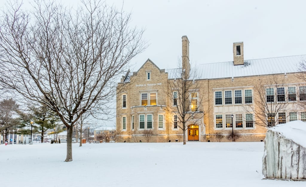 hawkins hall front snowy